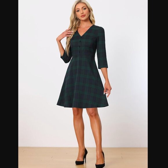 Allegra K M Flannel Dress for Women's Sleeves Belted A-Line Plaid Dress - Picture 2 of 3